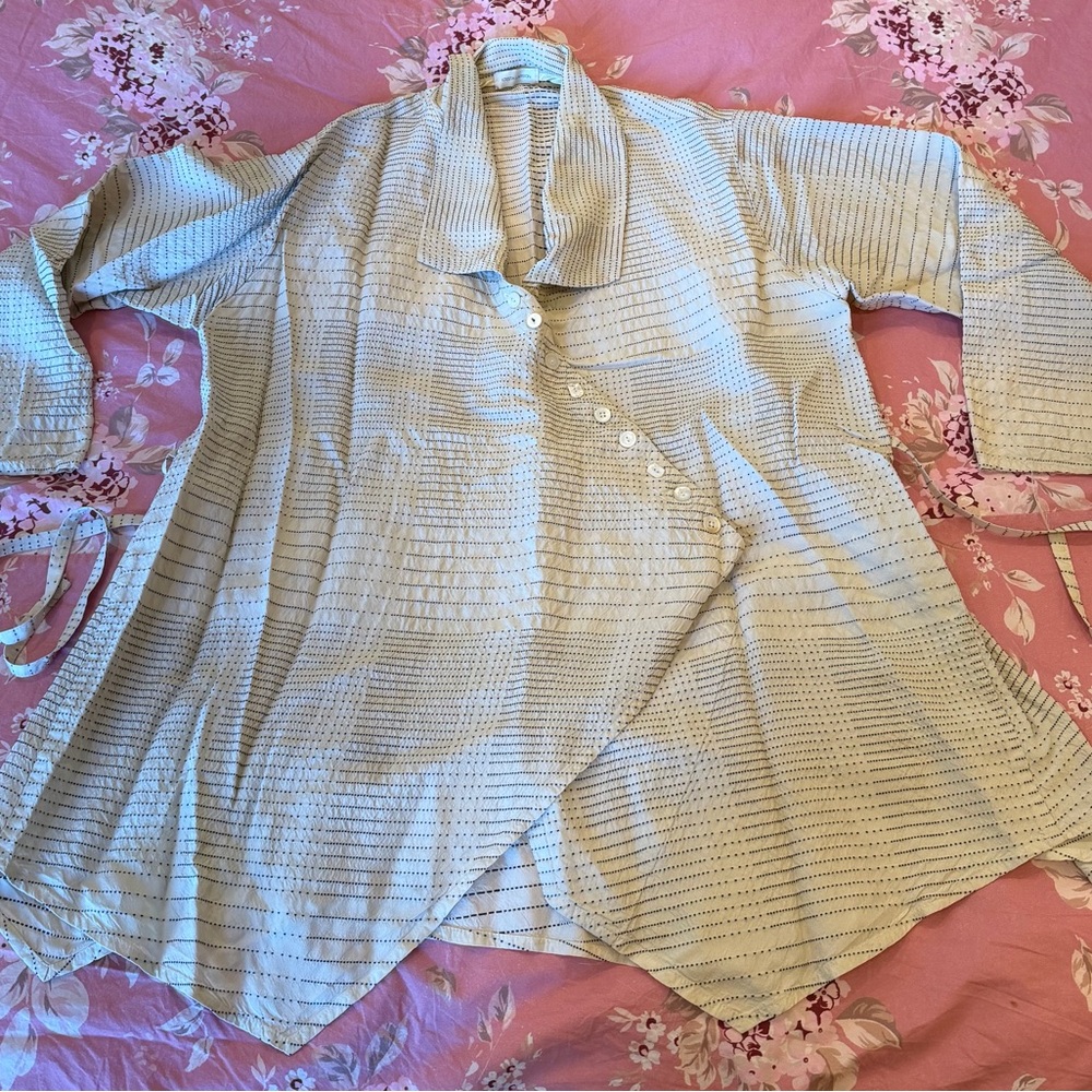 Krista Larson Silk Embroidered Lotus Shirt (Cream with Blue Stitch) - NWOT - OS